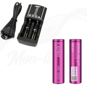 Pack Chargeur d'accus Efest SODA universel + 2 accus Efest 18650 - 3500 MAH 20A